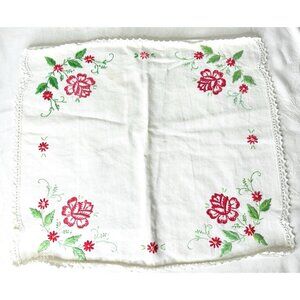 Vintage Embroidered Roses Flowers Dresser Scarf 16.5x15” Crocheted Edging Cotton